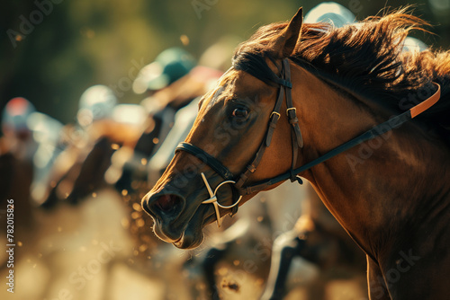 group of jockeys and horses running very fast in a grand prix horse race photo