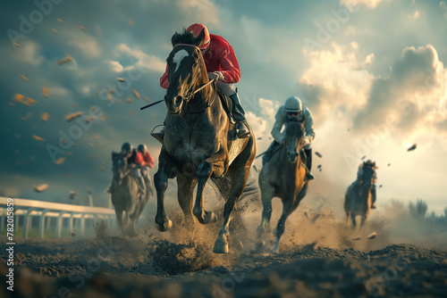 group of riders and horses racing in a grand prix seen from the front kicking up a lot of dust and dirt photo