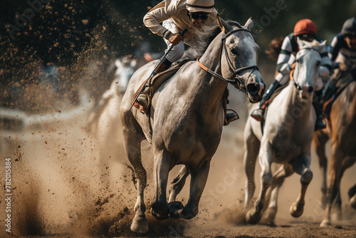group of riders and horses racing in a grand prix seen from the front kicking up a lot of dust and dirt © Rojo