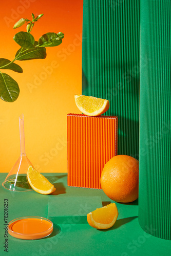 Front view of laboratory theme with orange decorated and funnel, petri dish, empty podium. Advertising photo for product of orange © Tuan  Nguyen 