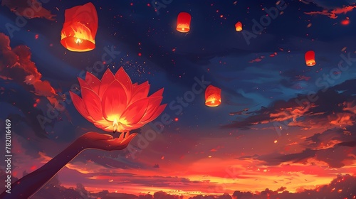 buddha hand holding a lotus flower. lanterns flying at the sky. vesak festival , buddhist festival and buddha photo