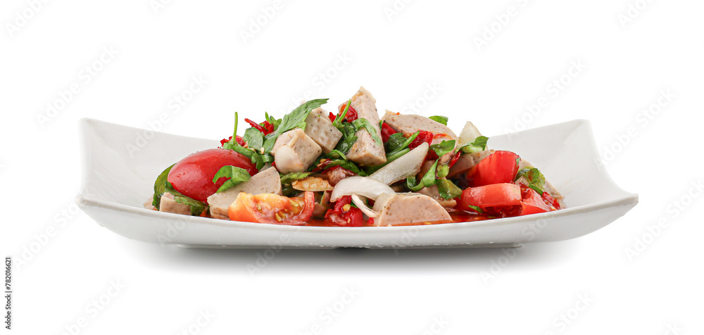 Spicy Vietnamese Pork Sausage Salad (Yum Moo Yor), Pork stick spicy salad thai recipe isolated on white background, White pork sausage asian - Mooyor in thai