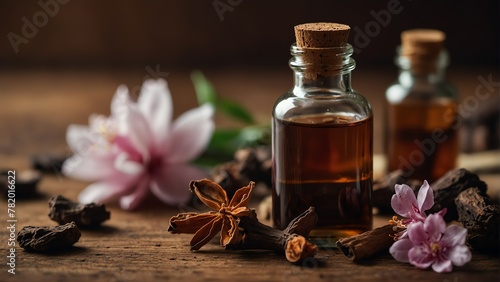 clove background with aroma therapy massage essential oil bottle from Generative AI