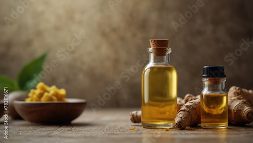 ginger background with aroma therapy massage essential oil bottle from Generative AI