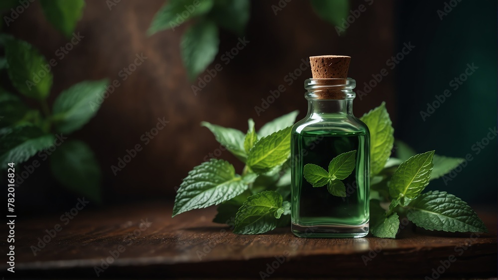 peppermint leaves background with aroma therapy massage essential oil bottle from Generative AI peppermint leaves background with aroma therapy massage essential oil bottle from Generative AI