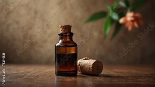 sandalwood background with aroma therapy massage essential oil bottle from Generative AI
