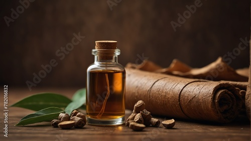 sandalwood background with aroma therapy massage essential oil bottle from Generative AI