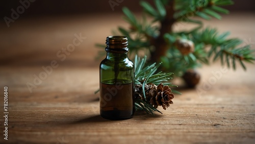 pine background with aroma therapy massage essential oil bottle from Generative AI