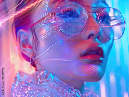 Avant-garde fashion portrait with reflective elements  capturing a futuristic visage against a high-tech neon grid