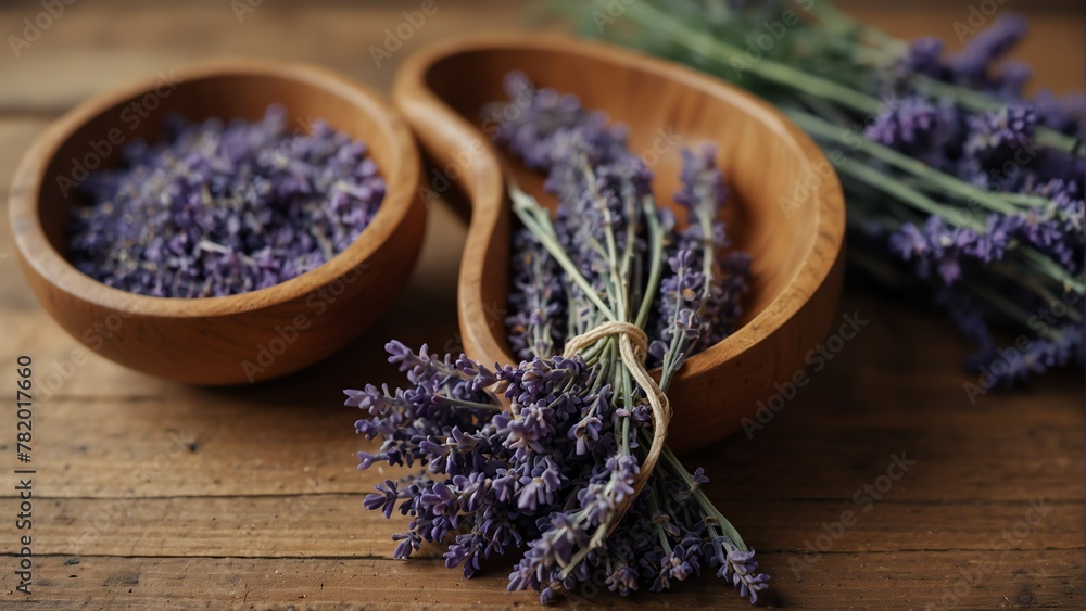 dried lavender healing herbs on wooden bowl from Generative AI dried lavender healing herbs on wooden bowl from Generative AI