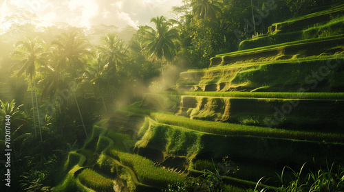 A photo of A traditional Indonesian rice terrace cascading down the hillside in Ubud, Bali