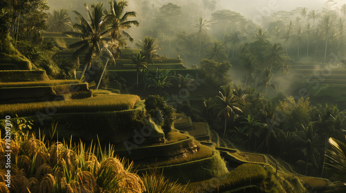 A photo of A traditional Indonesian rice terrace cascading down the hillside in Ubud, Bali photo