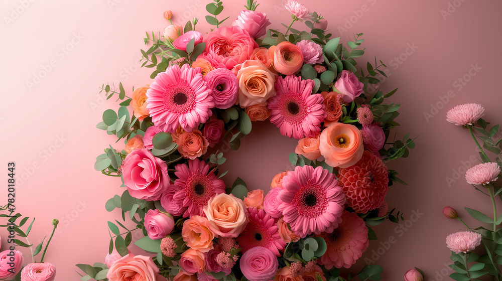 Circular floral arrangement varied pink flowers pink background. Flat lay, copy space, wedding, love Circular floral arrangement varied pink flowers pink background. Flat lay, copy space, wedding, love