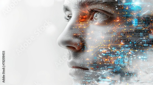 Digital transformation disruption every industry technology . artificial intelligence concept. Double exposure of male face customer and circuit board. photo