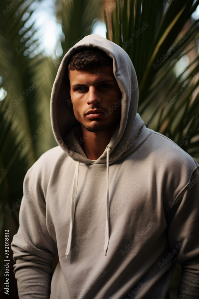 A handsome male model wearing an oversized hoodie, in light grey color with the hood up and showing off his neck muscles. The background is outdoors at dusk under palm trees, with soft lighting A handsome male model wearing an oversized hoodie, in light grey color with the hood up and showing off his neck muscles. The background is outdoors at dusk under palm trees, with soft lighting