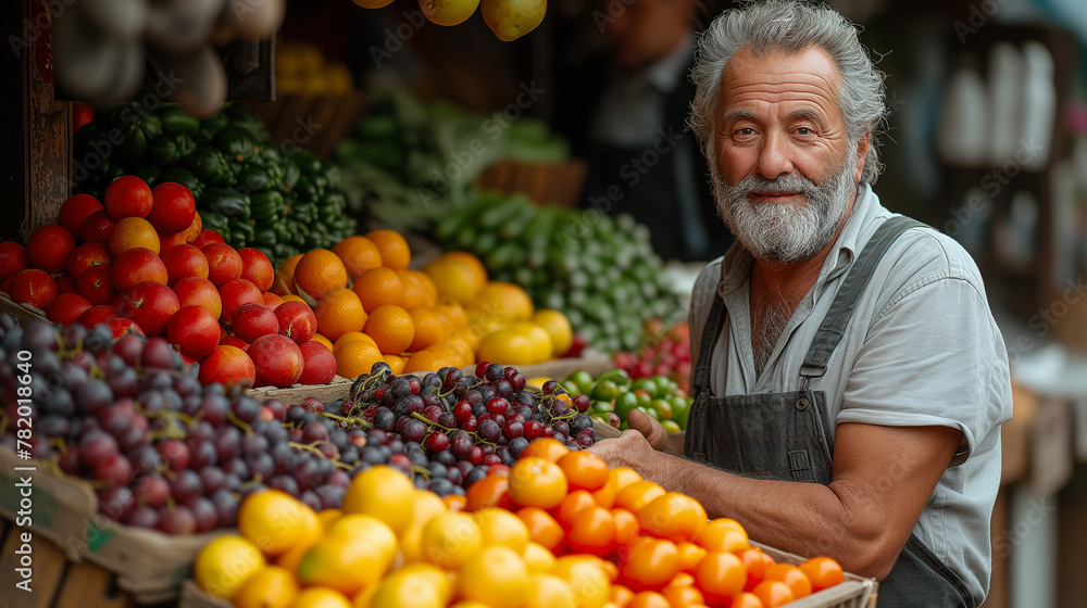 Smiling senior man vendor fruit market stall variety fresh produce. Outdoor market vendor portrait