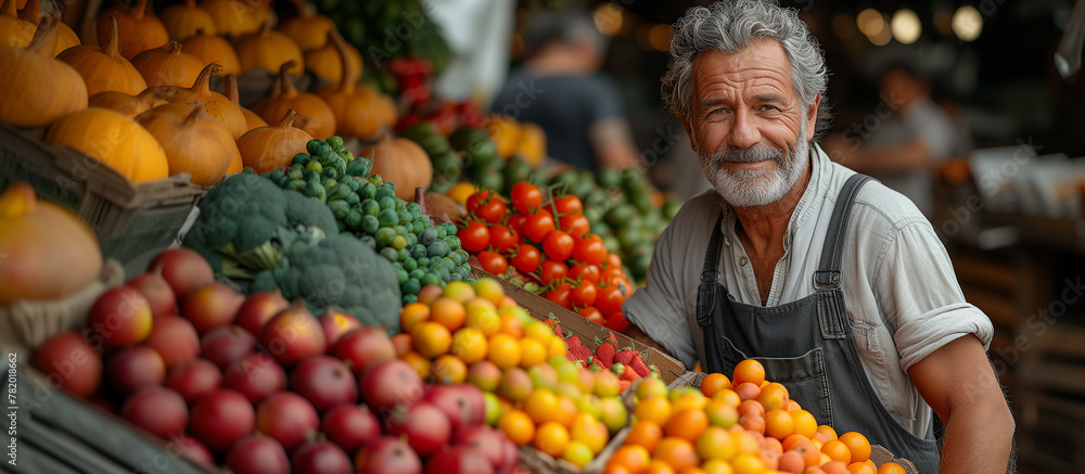Smiling senior man vendor fruit market stall variety fresh produce. Outdoor market vendor portrait Smiling senior man vendor fruit market stall variety fresh produce. Outdoor market vendor portrait