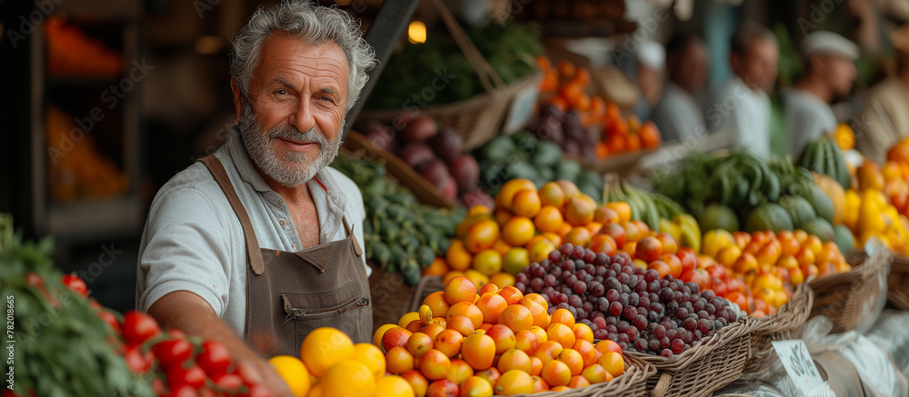 Smiling senior man vendor fruit market stall variety fresh produce. Outdoor market vendor portrait Smiling senior man vendor fruit market stall variety fresh produce. Outdoor market vendor portrait
