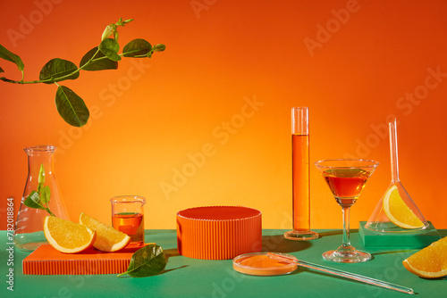 Laboratory instruments and species of orange are arranged on orange background and pastel green table with green leaf decorated. Empty podium and petri dish for displaying products © Tuan  Nguyen 