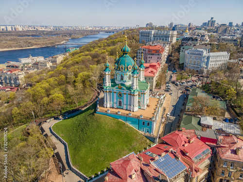 Aerial top view by drone of St. Andrew's Church in Kiev city.