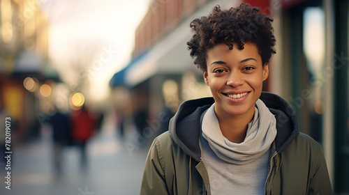A young black woman with short curly hair smiles at the camera, wearing an olive green hoodie and gray scarf stands on a bustling city street in front of various shops photo