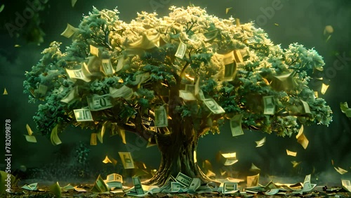 Tree with dollar bills moving in the wind. bills and money tree. Wealth savings or investment. Successful business project investment making money concept 4k video photo