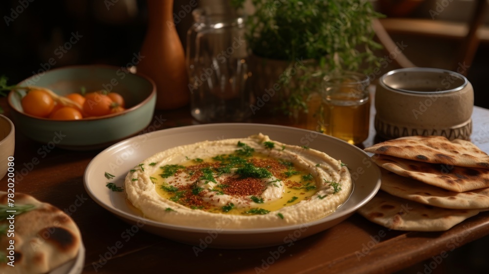 Middle Eastern inspired breakfast spread with flatbreads and hummus Middle Eastern inspired breakfast spread with flatbreads and hummus
