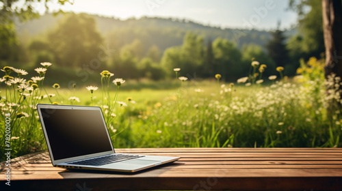 Fototapeta Naklejka Na Ścianę i Meble -  Laptop on a wooden table in beautiful nature, a green meadow with flowers and trees, sunlight and a bokeh background, an outdoor work or study concept