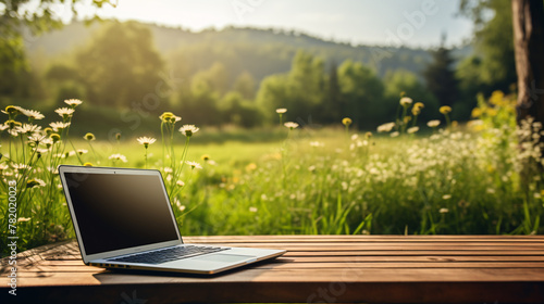 Laptop on a wooden table in beautiful nature, a green meadow with flowers and trees, sunlight and a bokeh background, an outdoor work or study concept