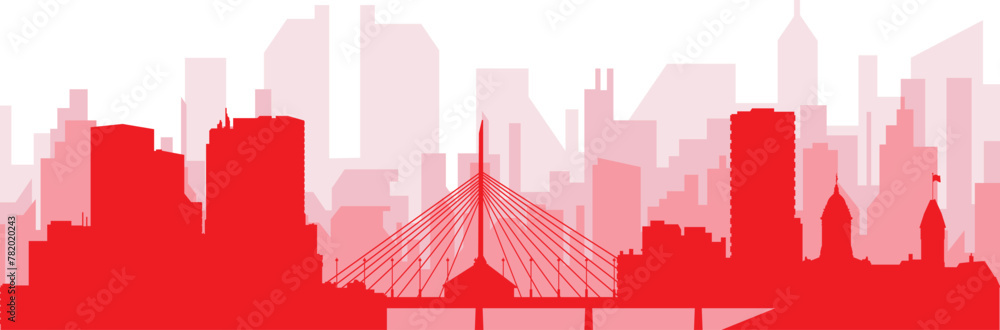 Red panoramic city skyline poster with reddish misty transparent background buildings of WINNIPEG, CANADA