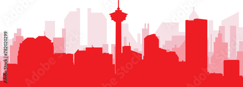 Red panoramic city skyline poster with reddish misty transparent background buildings of CALGARY, CANADA