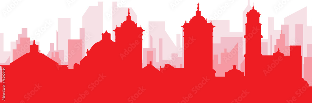 Red panoramic city skyline poster with reddish misty transparent background buildings of PUEBLA, MEXICO