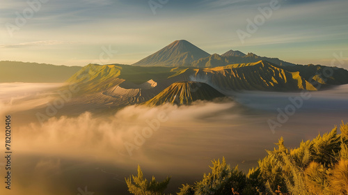 A photo of Majestic Mount Bromo standing tall amidst a sea of mist at sunrise
