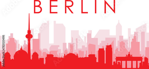 Red panoramic city skyline poster with reddish misty transparent background buildings of BERLIN, GERMANY