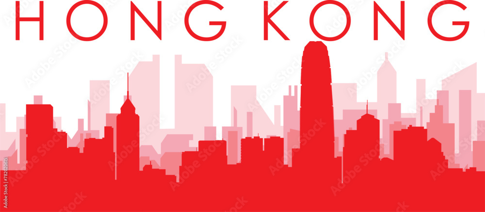 Red panoramic city skyline poster with reddish misty transparent background buildings of HONG KONG, CHINA