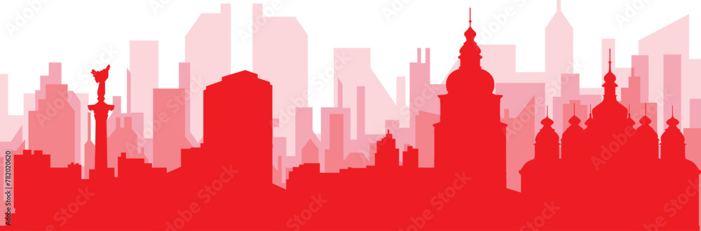 Red panoramic city skyline poster with reddish misty transparent background buildings of KYIV, UKRAINE