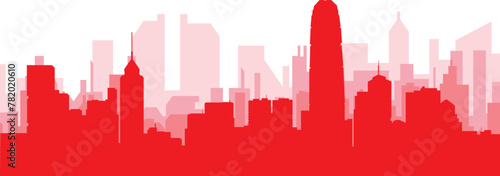 Red panoramic city skyline poster with reddish misty transparent background buildings of HONG KONG, CHINA