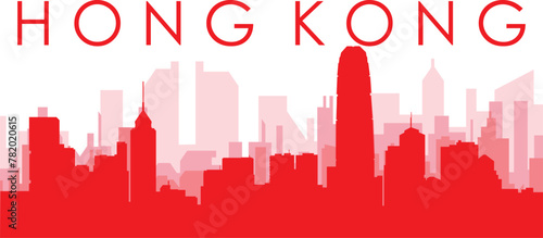 Red panoramic city skyline poster with reddish misty transparent background buildings of HONG KONG, CHINA
