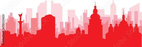Red panoramic city skyline poster with reddish misty transparent background buildings of KYIV, UKRAINE