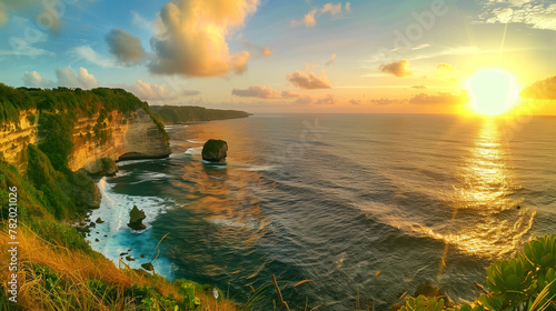 A photo of The dramatic cliffs and pristine beaches of Nusa Penida bathed in the warm glow of sunset photo