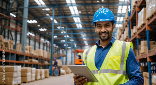 Smiling Indian supervisor with tablet in heavy industry warehouse
 photo
