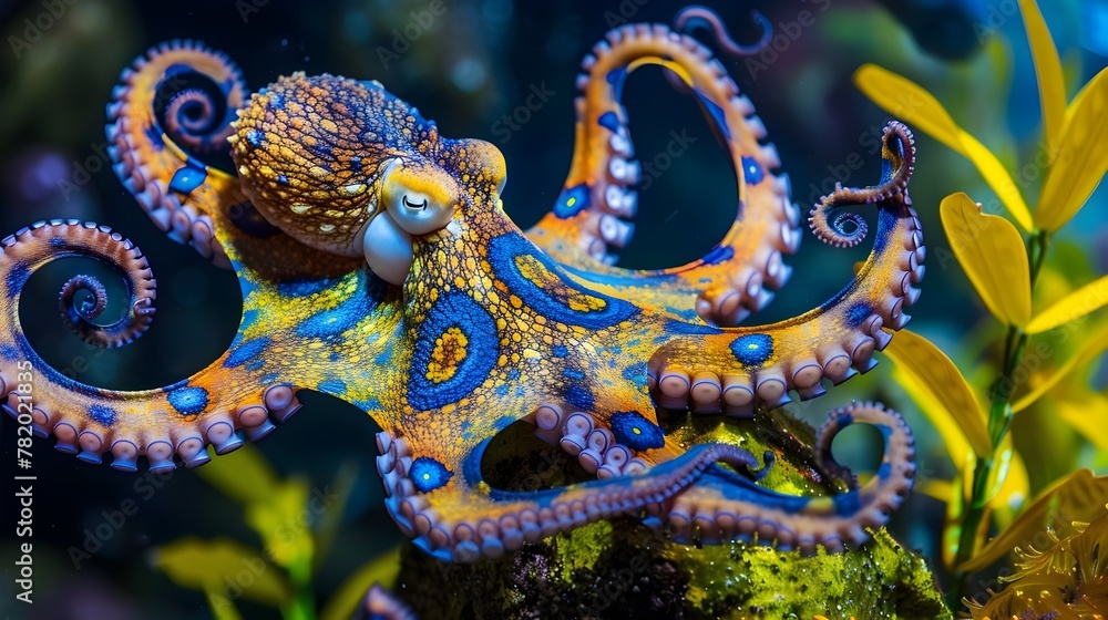 Fototapeta premium Blue Ringed Octopus Displaying Its Vibrant Warning and Deadly Aspects