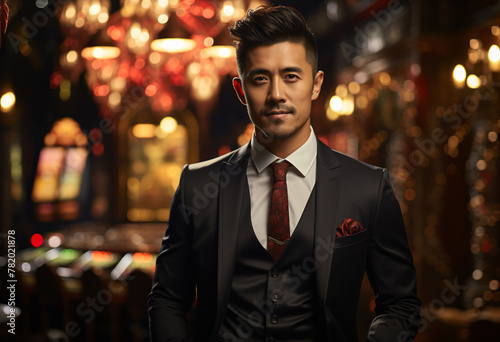 handsome asian man in suit and tie, standing inside casino at night
