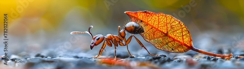 Depiction of an Ant Carrying Leaf Piece Significantly Larger Than Its Size Showcasing Incredible Strength and Teamwork
