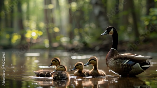 Ducklings Paddling Quietly in Serene Forest Pond Surrounded by Lush Greenery