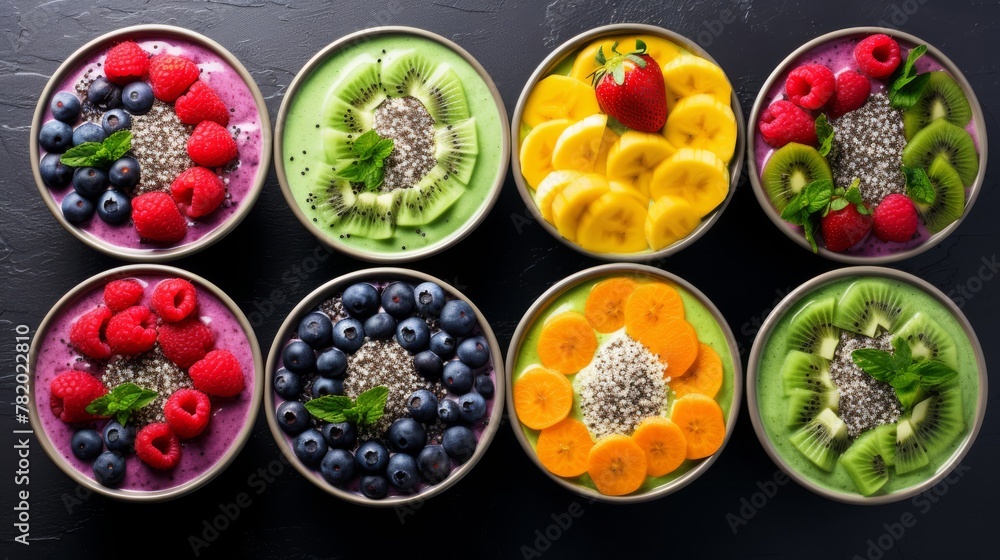 Vibrant smoothie bowls in a colorful array Vibrant smoothie bowls in a colorful array