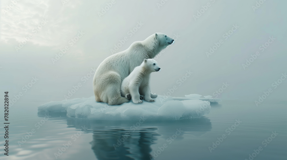 Mama polar bear with her cubs sitting together on a small ice floe in ...