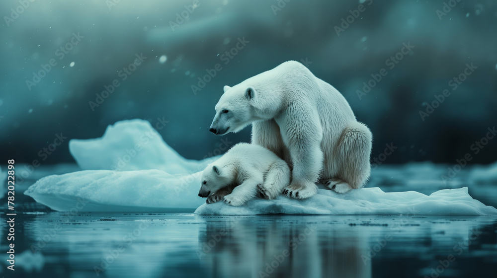 Mama polar bear with her cubs sitting together on a small ice floe in ...