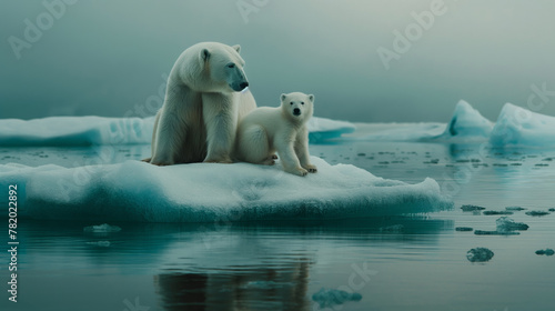 Mama polar bear with her cubs sitting together on a small ice floe in the arctic waters. Sad conceptual picture depicting melting icebergs due to climate change   global warming and endangered species