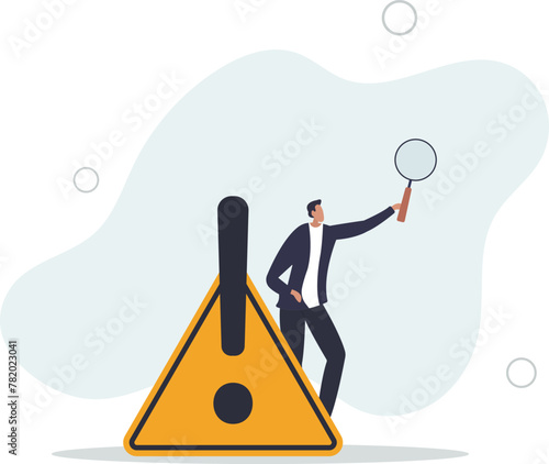 identify risk or critical failure concept, businessman with magnifier monitor and investigate incident with exclamation attention sign.flat vector illustration.